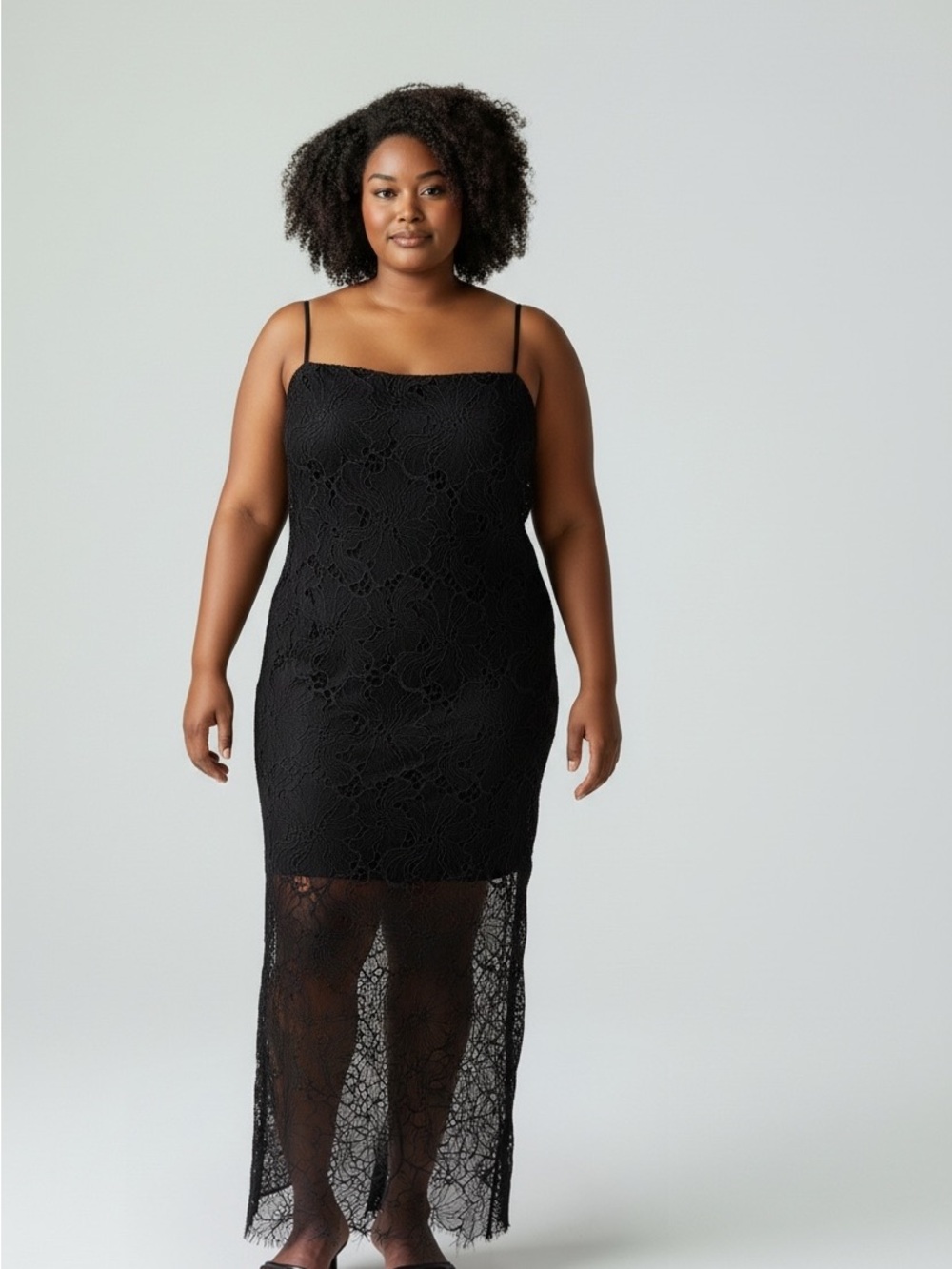 Aqua Black Lace Maxi Slip Dress with Sheer Lace Hem